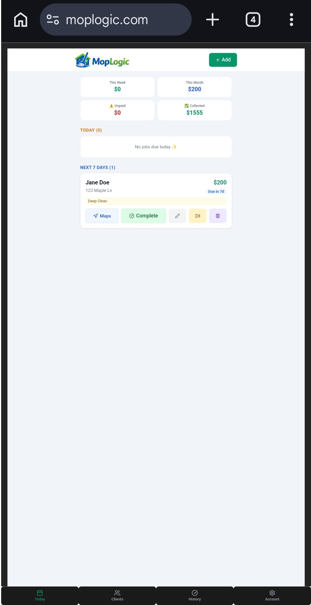 MopLogic dashboard showing today's cleaning jobs